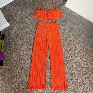 SHEIN Women's Orange Pleated Plisse Crop Top & Pants Set